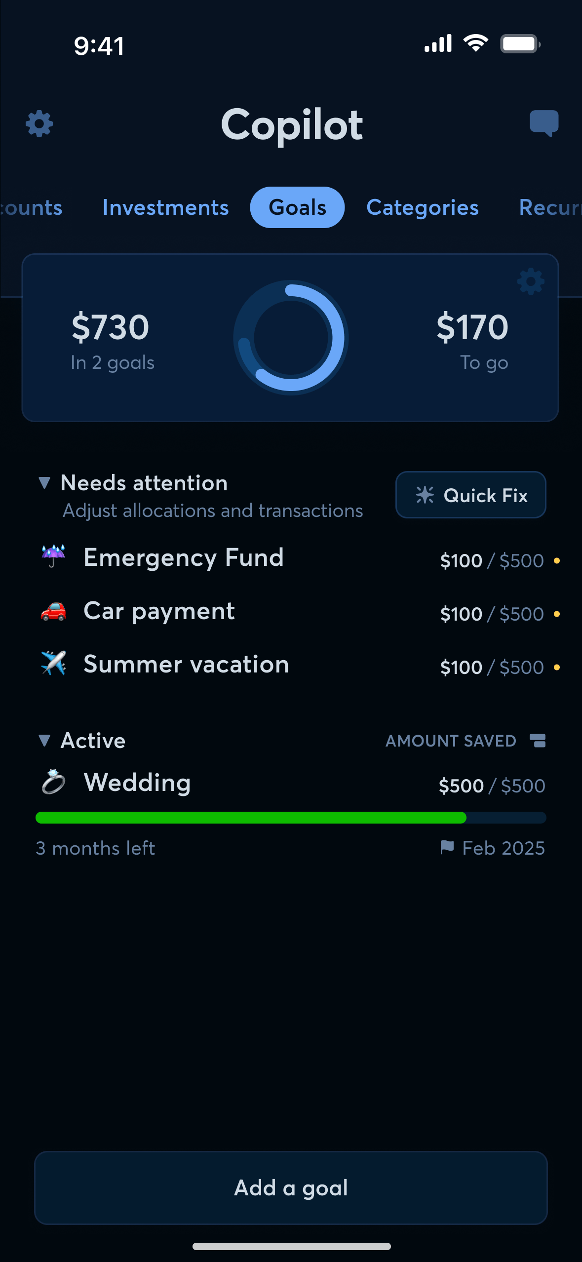 A screenshot of the Goals feature