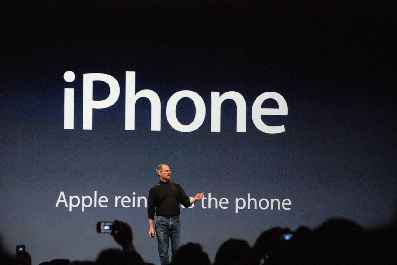 Steve Jobs presenting the first iPhone at MacWorld 2007